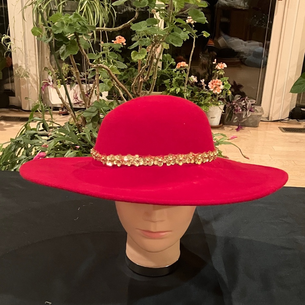 Elegant Red Wool Wide-Brim Hat with Gold Sequined Floral Accent